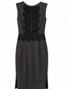 Esley Sleeveless Charcoal Gray Sheath Dress with Black Lace Trim NWT
